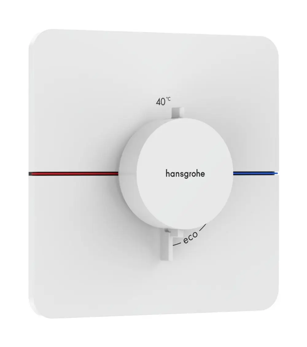 Thermostat von Hansgrohe auf einer weißen Hintergrundplatte, mit Temperatureinstellung bis 40 °C und Eco-Modus, ausgestattet mit einem zentralen Drehregler und zwei Farbmarkierungen.